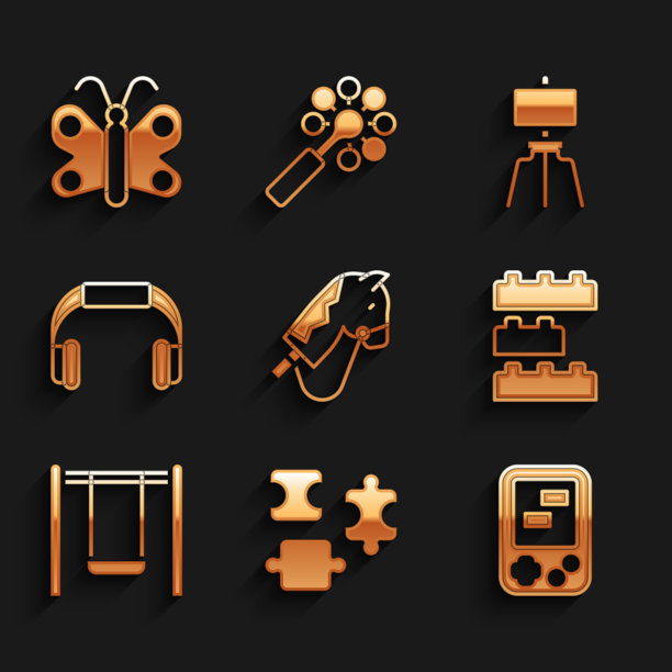 集玩具马，拼图玩具，俄罗斯方块电子游戏，积木，秋千，耳机，木画架和蝴蝶图标。向量图片下载