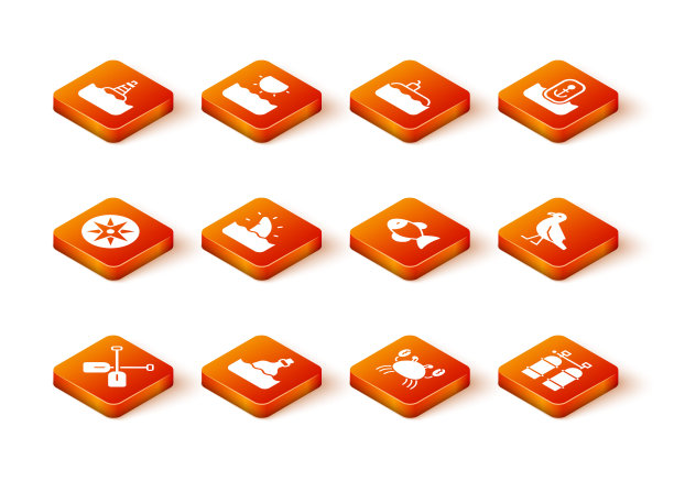 设置桨，瓶与信息在水中，风上升，鲨鱼鳍海浪，螃蟹，鱼，水龙和鸟海鸥图标。向量图片下载