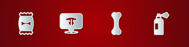 集袋宠物食品，猫鼻子，狗骨头和宠物洗发水图标。向量图片下载