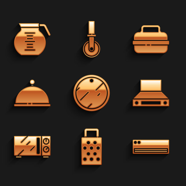 设置砧板，刨丝器，空调，厨房抽风机，微波炉，覆盖托盘，锅和咖啡图标。向量图片下载