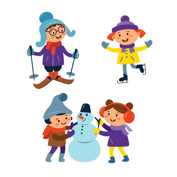 儿童快乐的冬季活动有堆雪人、滑雪板、溜冰鞋。图片下载