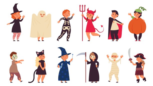 万圣节服装的孩子。儿童化装团，儿童庆祝会。僵尸孩子，海盗小女孩和有趣的微笑骷髅体面的向量集图片下载