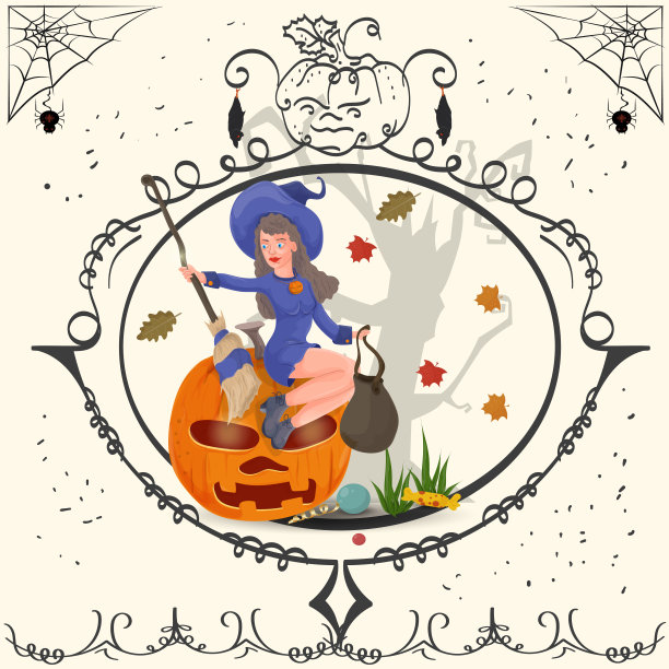 复古画框女巫坐在南瓜上设计万圣节节日平面插画图片下载