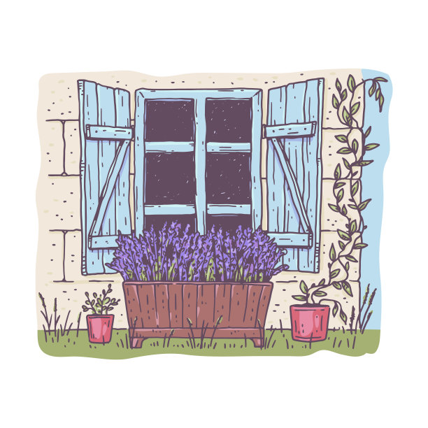 花园的木盒子里长着紫色的薰衣草花。图片下载