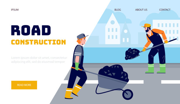 矢量平面插图工人与手推车和铲子铺设沥青。网页模板登陆页与文字道路建设。图片下载
