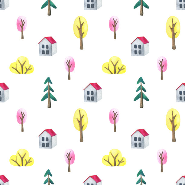 树林里一座粉红色屋顶的白房子。简单的模式。甜蜜的家。多种颜色的树木，云杉。儿童水彩插图在白色的背景。简约、现代的设计。打印面料，纸张图片下载