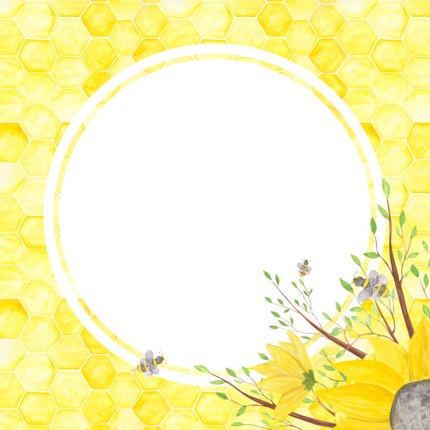 蜂巢框架与水彩向日葵，树枝，和蜜蜂在白色的背景。空黄色蜂窝模板。可爱的圆形向日葵花环，婚礼请柬。图片下载