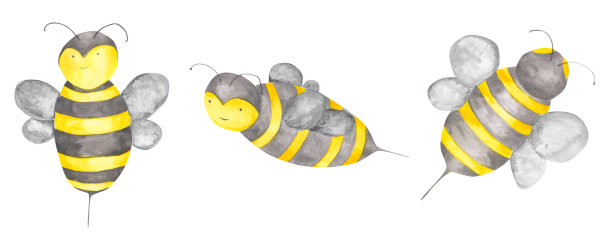 集3水彩蜜蜂孤立在一个白色的背景。昆虫手绘插图。大黄蜂剪纸艺术。丰富多彩的蜜蜂字符。可爱的动物。收集的蜜蜂。图片下载