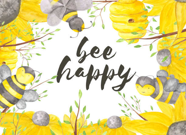 “蜜蜂快乐”的标志，水彩向日葵，树枝，和蜜蜂在白色背景上的框架。黄花、蜜蜂、蜂箱插图。可爱的贺卡。图片下载
