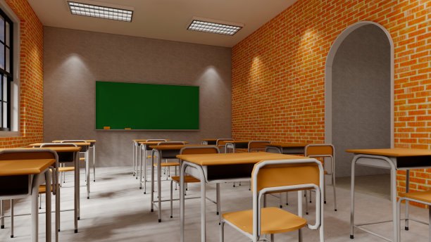 新常态教室和桌椅间距，防止新冠病毒(COVID-19)的传播。空教室是为了教和学。室内地板装饰采用有纹理的木材。3 d渲染。图片下载