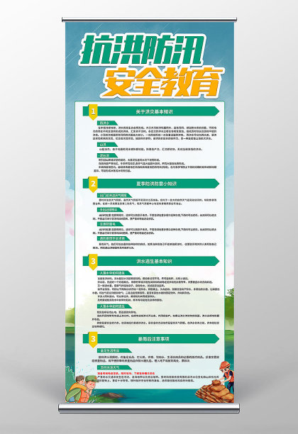 绿色简约卡通风抗洪防汛安全知识宣传易拉宝图片下载