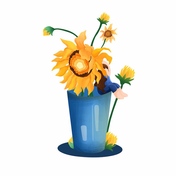 小女孩坐在蓝色玻璃杯上和向日葵图片下载