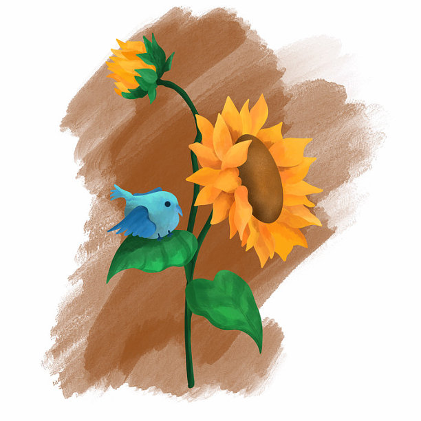 向日葵花枝蓝色小鸟插画元素图片下载