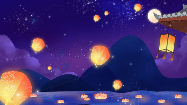 屋檐外孔明灯psd图片下载