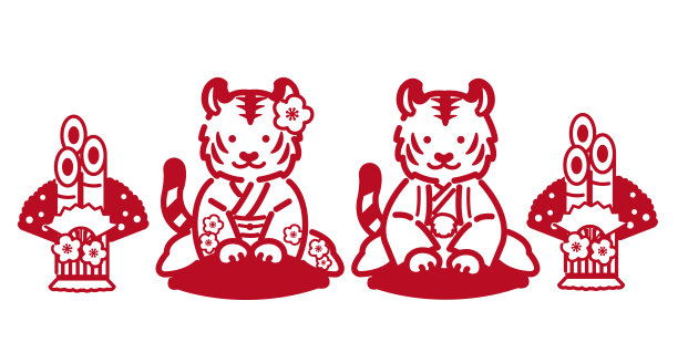 2022年和服虎夫妇鞠躬贺岁卡图标矢量插图素材/虎年/单色，一色图片下载