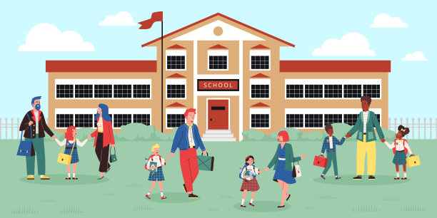 横幅上有家长护送孩子上学，平面矢量插图。图片下载