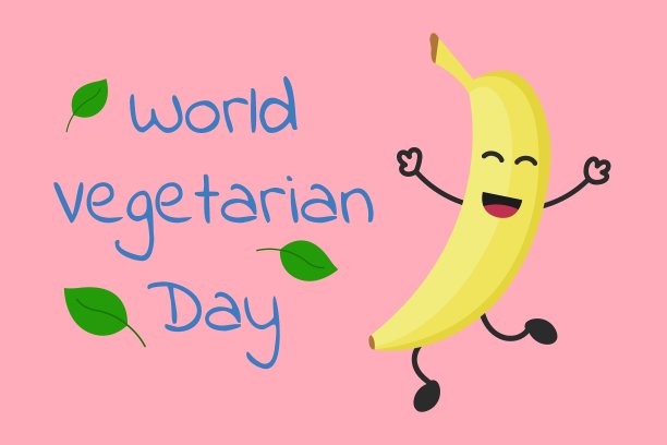 世界素食日。快乐的卡通香蕉跳跃和有趣的微笑。10月1日。素食日题词。矢量手绘图图片下载