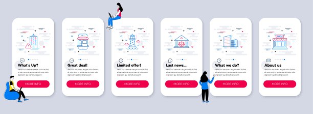 一套建筑物的图标，如建筑物，灯塔，法院大楼。向量图片下载