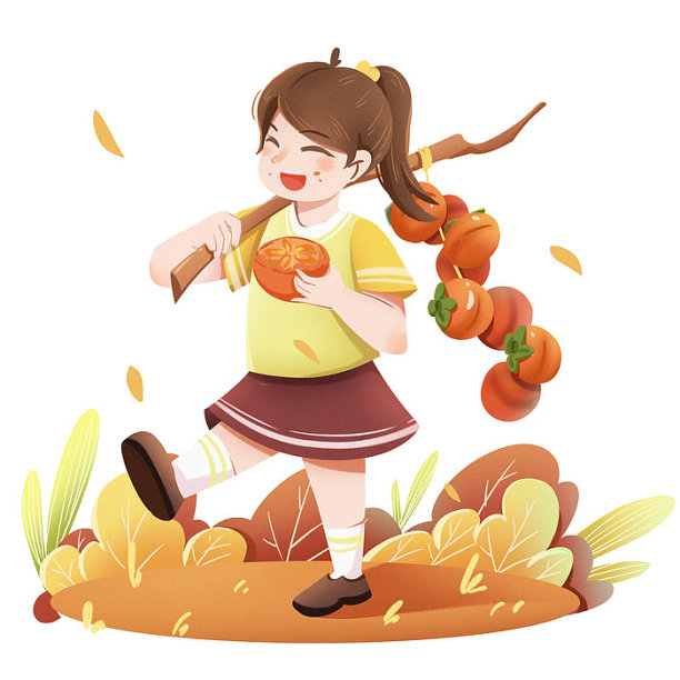 秋天节气女孩吃柿子PNG素材素材图片