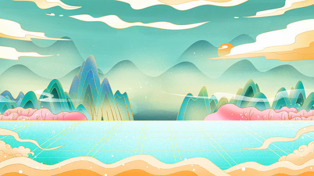 卡通手绘国潮山水风景插画背景图片下载