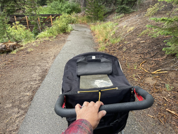 推着婴儿车沿着小路走的人。从行走的角度拍摄的照片图片下载