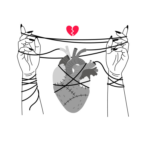破碎的心的女孩。红心破碎象征线条素描矢量插图，女人人手绑关系一族，浪漫心碎破碎图片下载