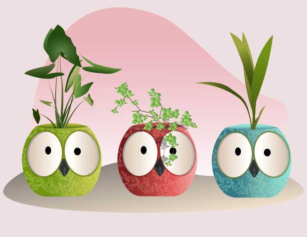 向量收集室内植物与可爱的动物壶，创意猫头鹰花盆，城市丛林装饰。图片下载