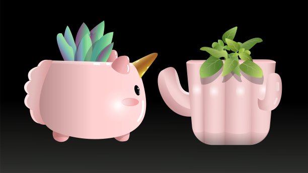 矢量插图的房子植物与可爱的花盆，独角兽壶，仙人掌壶。图片下载