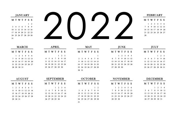 白底2022年日历。2022年日历上有12个月。图片下载