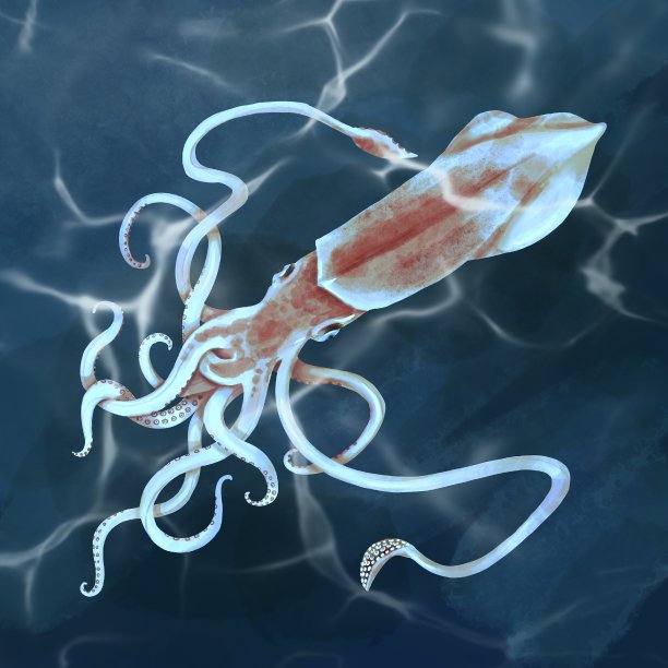 水彩手绘鱿鱼。孤立的海鲜插图的海洋背景图片下载