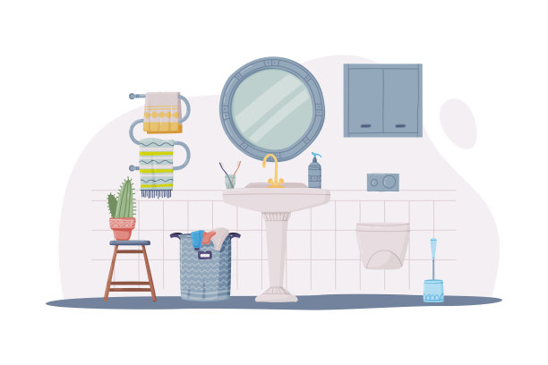 浴室或盥洗室内部与水槽，镜子和洗衣篮矢量插图图片下载