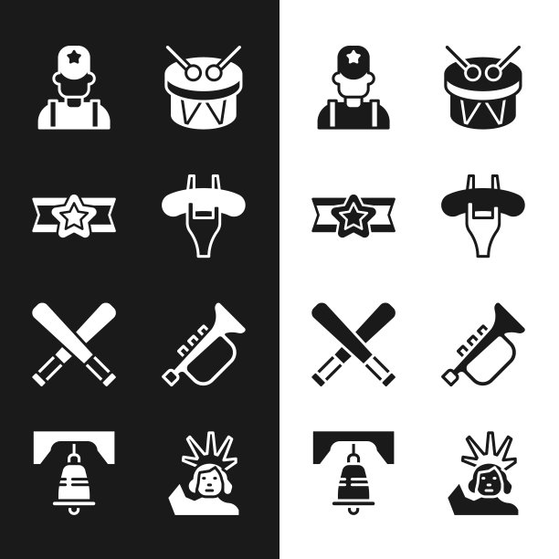 把香肠放在叉子上，明星美国军队，警长牛仔，鼓和鼓棒，交叉棒球棒，喇叭，自由女神像和费城的钟图标。向量图片下载