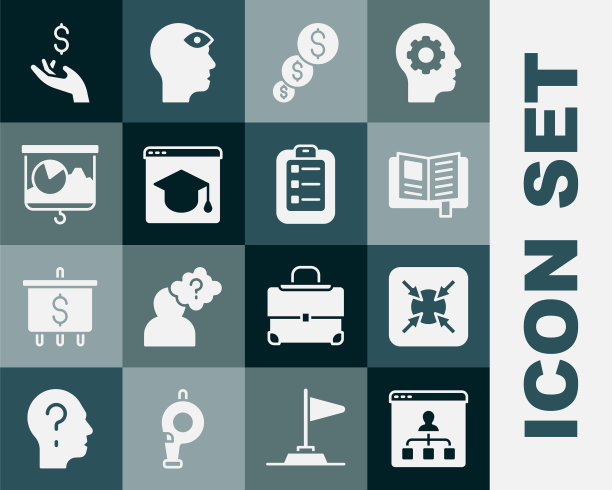 设置在线教育，目标，阅读书籍，财务增长和美元，黑板与图表，手持硬币钱和列表或计划图标。向量图片下载