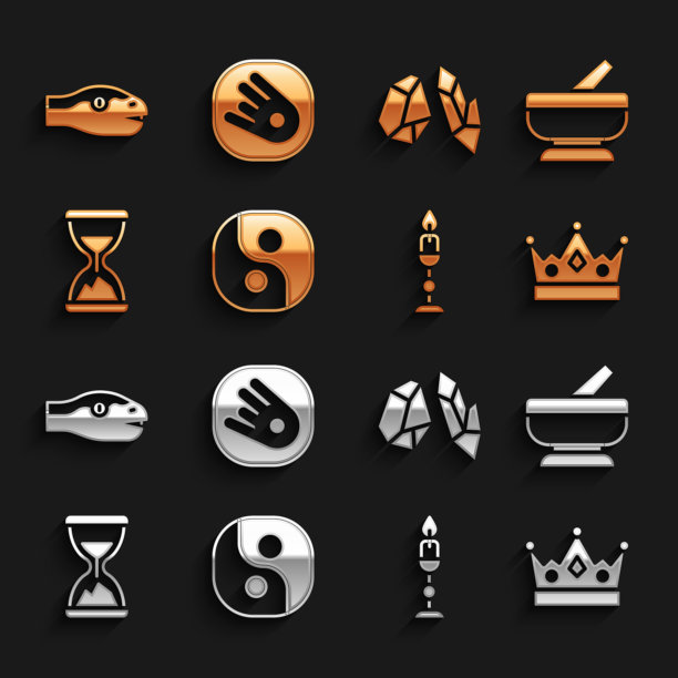 集阴阳，研钵和杵，国王皇冠，燃烧的蜡烛，老沙漏与沙，魔法石，蛇和彗星下降快图标。向量图片下载