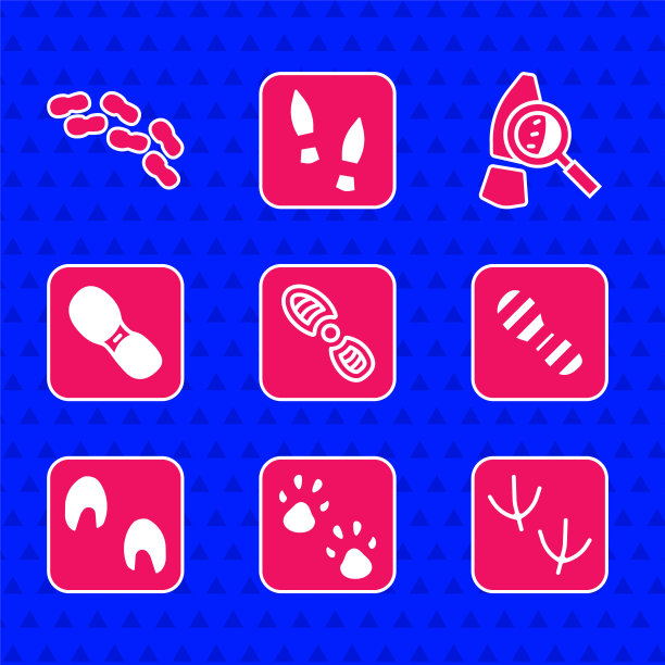 设置人类脚印鞋，爪子，鸽子爪子，马，放大镜与脚印和图标。向量图片下载