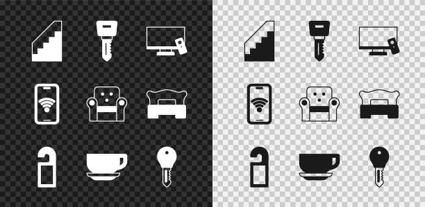 设有楼梯，酒店门锁钥匙，智能电视，请勿打扰，咖啡杯，无线无线手机和扶手椅图标。向量图片下载
