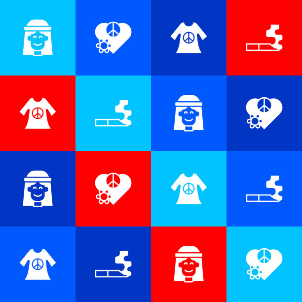 集嬉皮士女孩、爱好和平、印有和平图案的连衣裙和香烟图标。向量图片下载