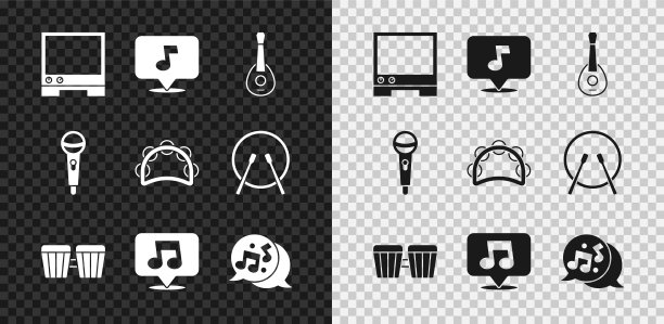 设置语音助手，音乐笔记，音调，吉他，鼓，麦克风和铃鼓图标。向量图片下载