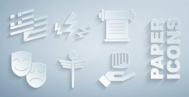 集默丘利蛇医，法令，羊皮纸，卷轴，喜剧和悲剧面具，古柱，宙斯和希腊国旗的图标。向量图片下载