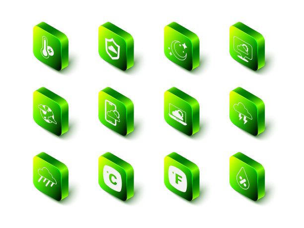 设置天气预报，月亮和星星，位置云，风暴，水滴百分比，华氏度和摄氏图标。向量图片下载