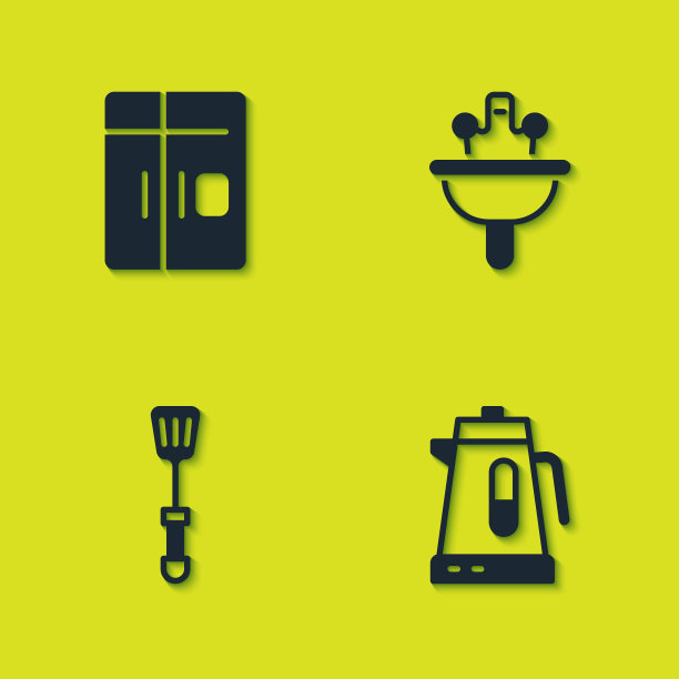 设置冰箱，电水壶，刮刀和脸盆图标。向量图片下载