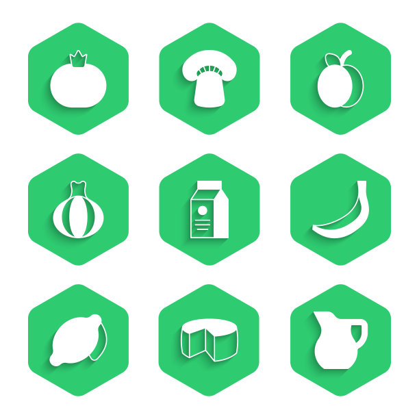 套装包装牛奶，奶酪，壶杯，香蕉，柠檬，洋葱，李子水果和番茄图标。向量图片下载