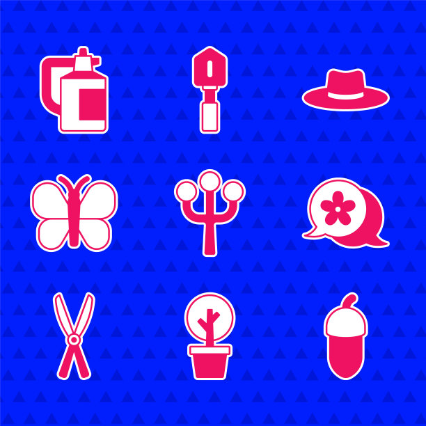 集花树枝，森林，橡子，花，园艺手工剪刀，蝴蝶，园丁工人帽子和肥料喷雾器图标。向量图片下载