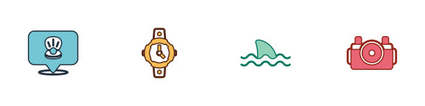 设置扇贝海贝壳，潜水手表，鲨鱼和相机的潜水员图标。向量图片下载