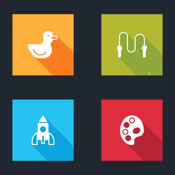 设置橡皮鸭，跳绳，火箭船玩具和调色板图标。向量图片下载