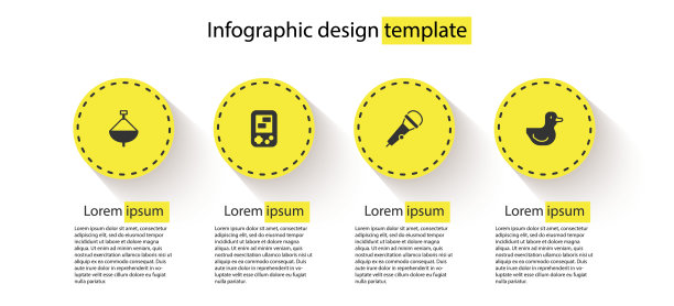 集旋转玩具、俄罗斯方块电子游戏、麦克风、橡皮鸭于一体。业务信息模板。向量图片下载