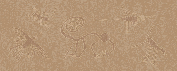 优雅的矢量精致的背景在米色色调与纹理的点和图纸的风格纳斯卡线高原。带有动物轮廓的抽象背景:猴子，calibri，蜘蛛，狗。图片下载