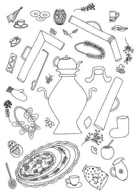 百吉饼涂鸦线甜插图茶炊茶孤立白。图片下载
