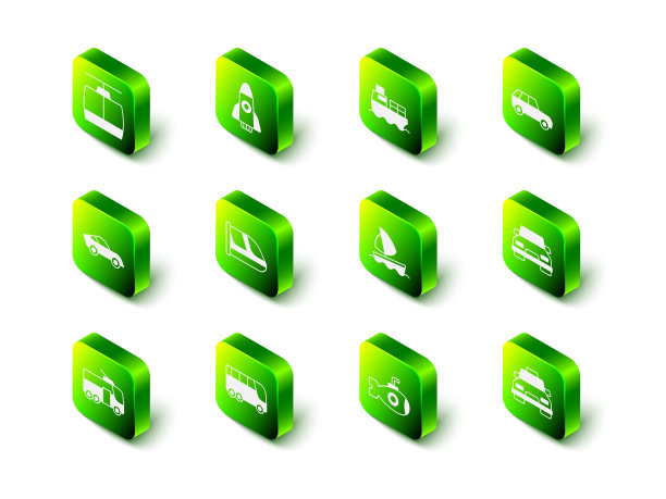 集火箭船，货物箱送货，出租汽车，游艇，帆船，潜艇和巴士图标。向量图片下载