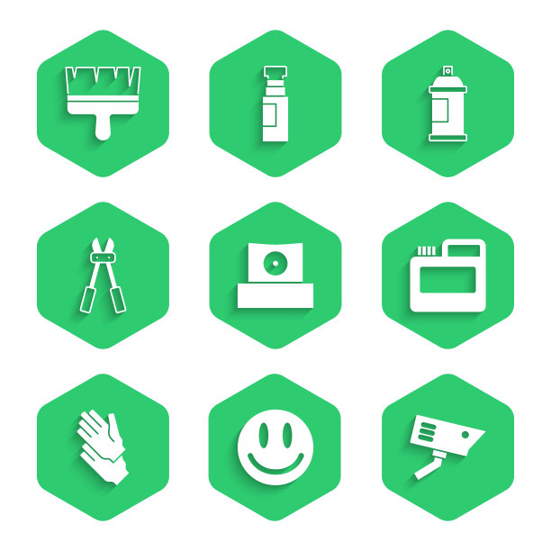 设置喷雾罐喷嘴盖，微笑脸，安全摄像头，油漆，水粉，罐子，染料，橡胶手套，插销刀，喷雾和刷图标。向量图片下载